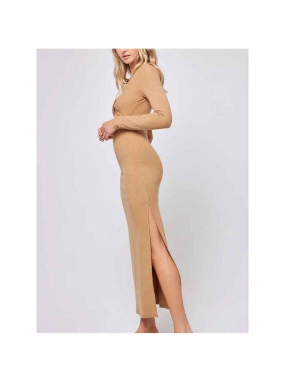NEW L*Space Hayden Midi Dress Large Tan Camel Stretch Ribbed Bodycon Pencil Sexy